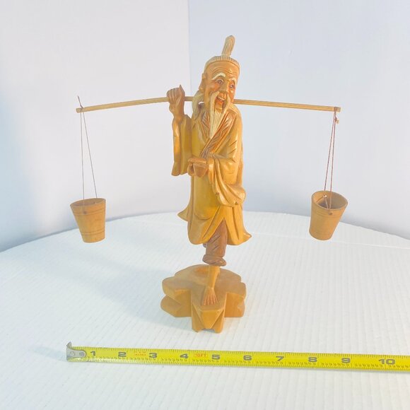 Vintage Hand Carved Wooden Asian Carrying Water Figurine Chinese Sculpture 10" - Picture 15 of 16